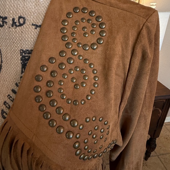 Vocal Camel Brown Western Faux Suede Fringe & Stud Jacket - Picture 3 of 10